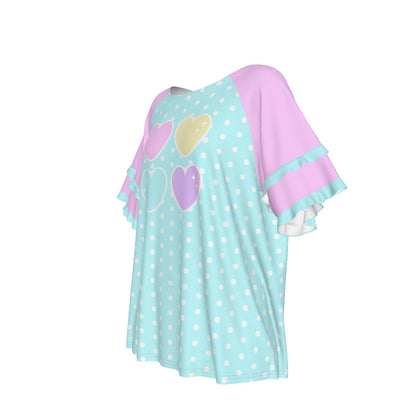 Sweet Love Hearts Blue Round Neck Raglan Sleeve Ruffle Frill T-Shirt (Polka Dots)