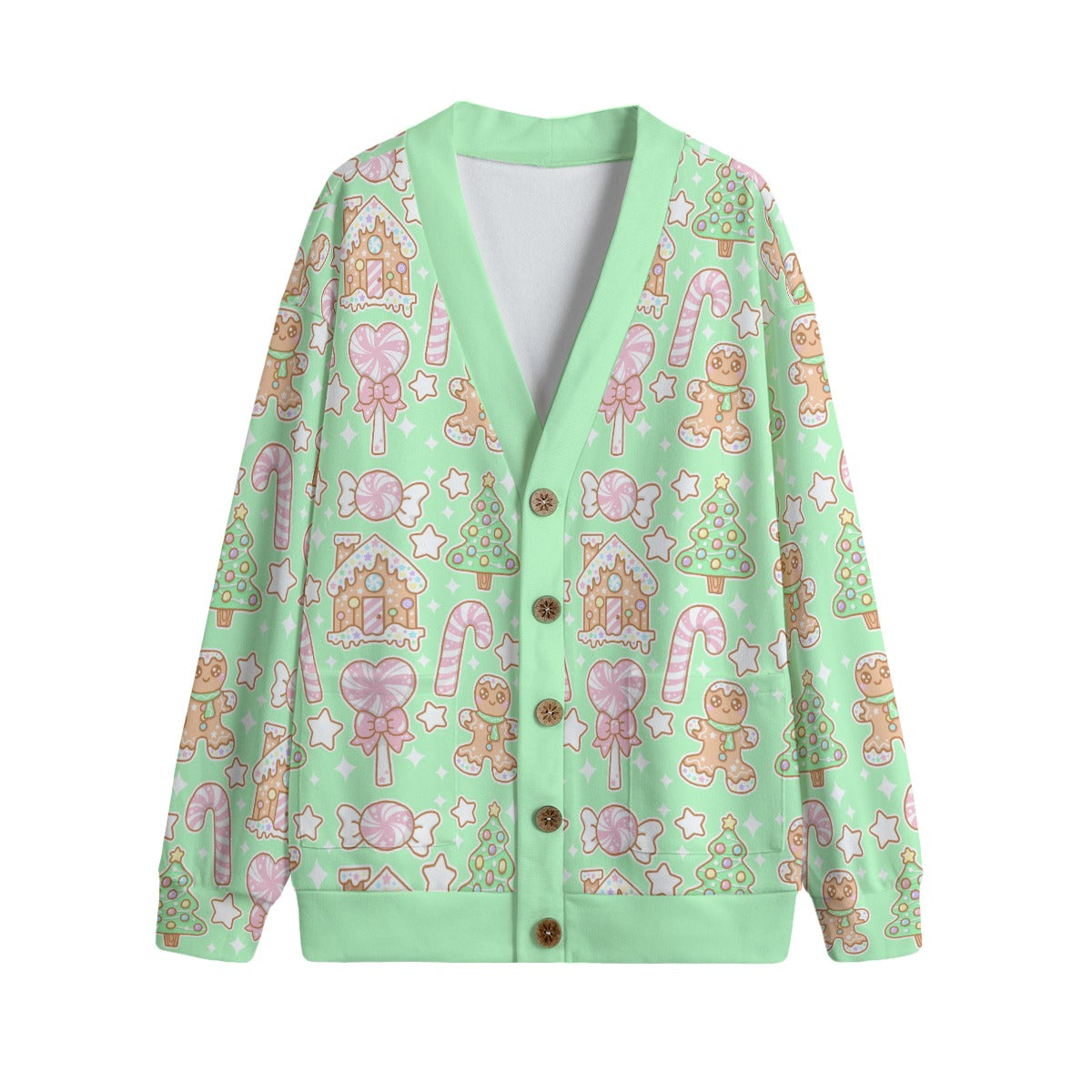 Kawaii Christmas Unisex V-Neck Knitted Fleece Button Up Cardigan With Pockets (Candy Mint Delight)