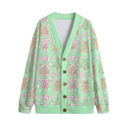 Kawaii Christmas Unisex V-Neck Knitted Fleece Button Up Cardigan With Pockets (Candy Mint Delight)