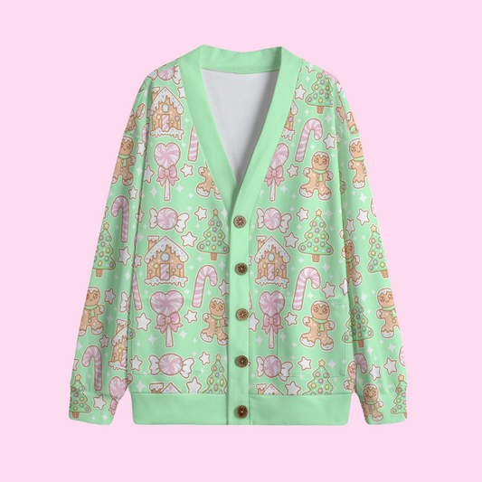 Kawaii Christmas Unisex V-Neck Knitted Fleece Button Up Cardigan With Pockets (Candy Mint Delight)