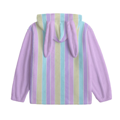 Pastel Stripes Pink Soft Plush Fleece Bunny Ear Zip Up Hoodie With Pockets