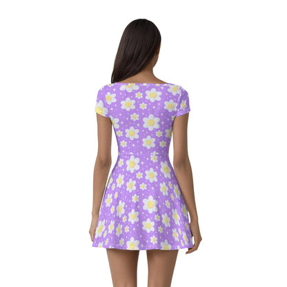 Daisy Dreams Sporty Women’s Square Neck Cap Sleeve Athletic Exercise Mini Dress With Shorts (Lavender Purple)