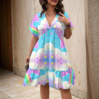 Rainbow Decora Star Women’s Boho Short Sleeve V-Neck Tiered Ruffle Hem Midi Dress