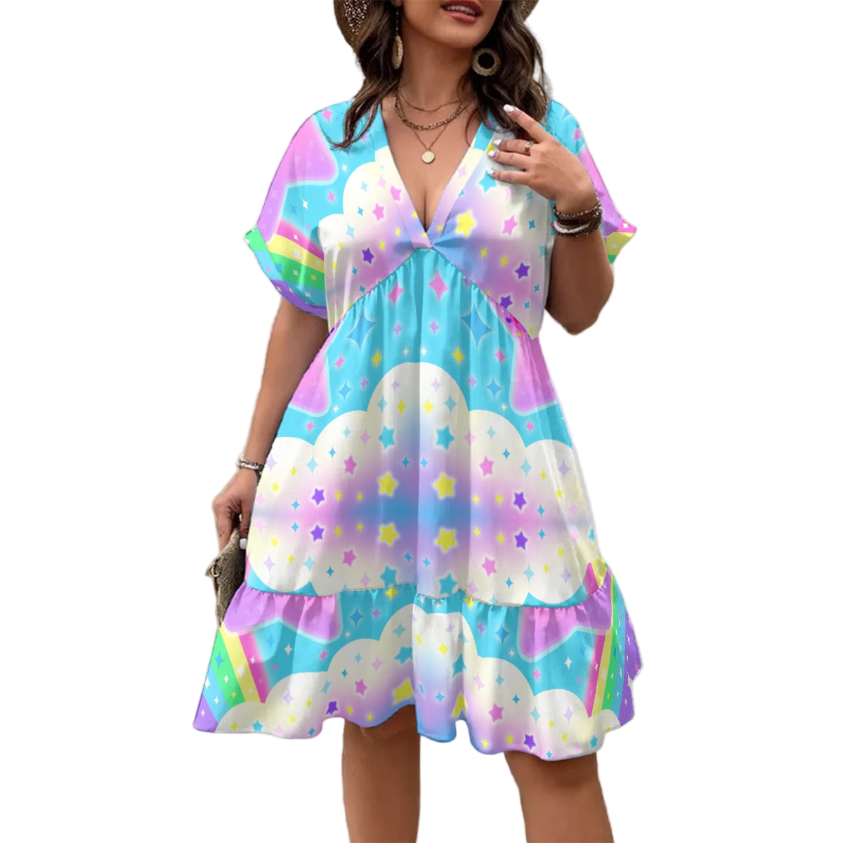 Rainbow Decora Star Women’s Boho Short Sleeve V-Neck Tiered Ruffle Hem Midi Dress