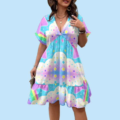 Rainbow Decora Star Women’s Boho Short Sleeve V-Neck Tiered Ruffle Hem Midi Dress