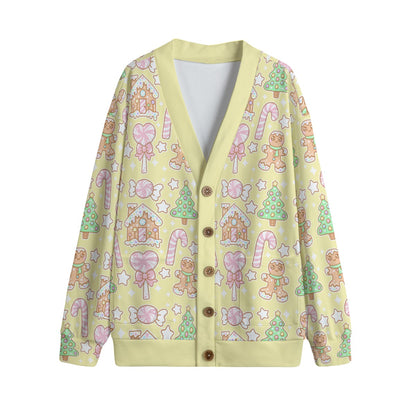 Kawaii Christmas Unisex V-Neck Knitted Fleece Button Up Cardigan With Pockets (Vanilla Cream)