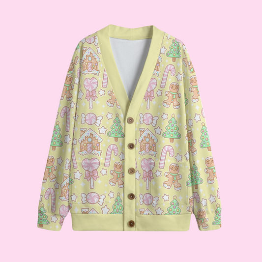 Kawaii Christmas Unisex V-Neck Knitted Fleece Button Up Cardigan With Pockets (Vanilla Cream)