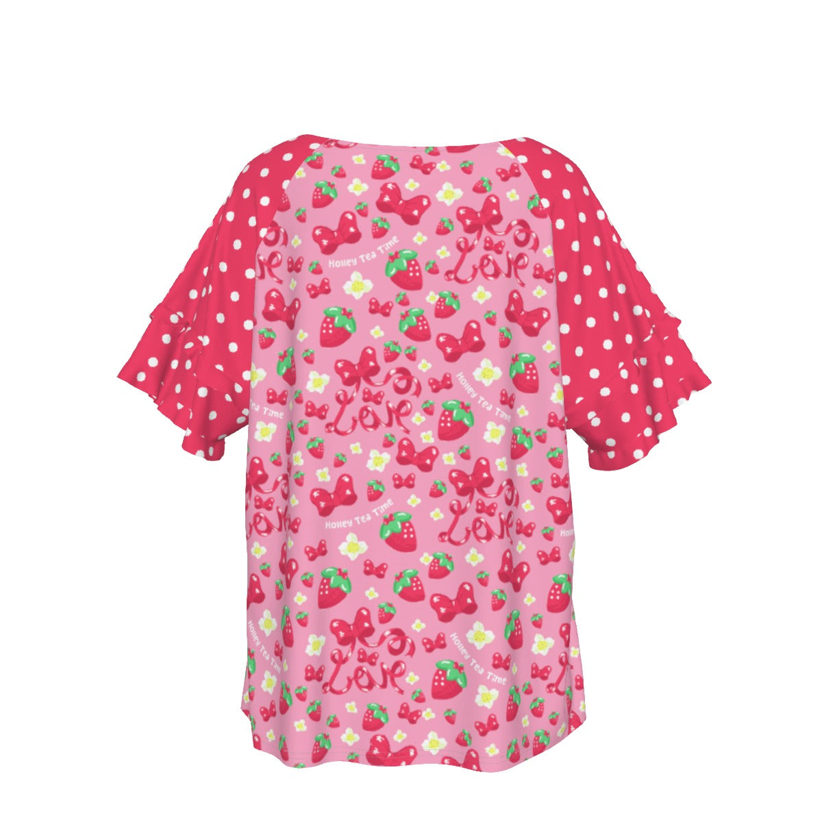 Strawberry Ribbon Round Neck Raglan Sleeve Ruffle Frill T-Shirt