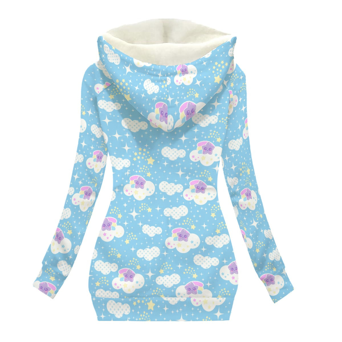 Shooting Star Clouds Women's Oblique Zipper Hoodie Jacket With Fleece Lining (Blue)