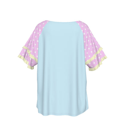 Wishing Bunny Blue Round Neck Raglan Sleeve Ruffle Frill T-Shirt