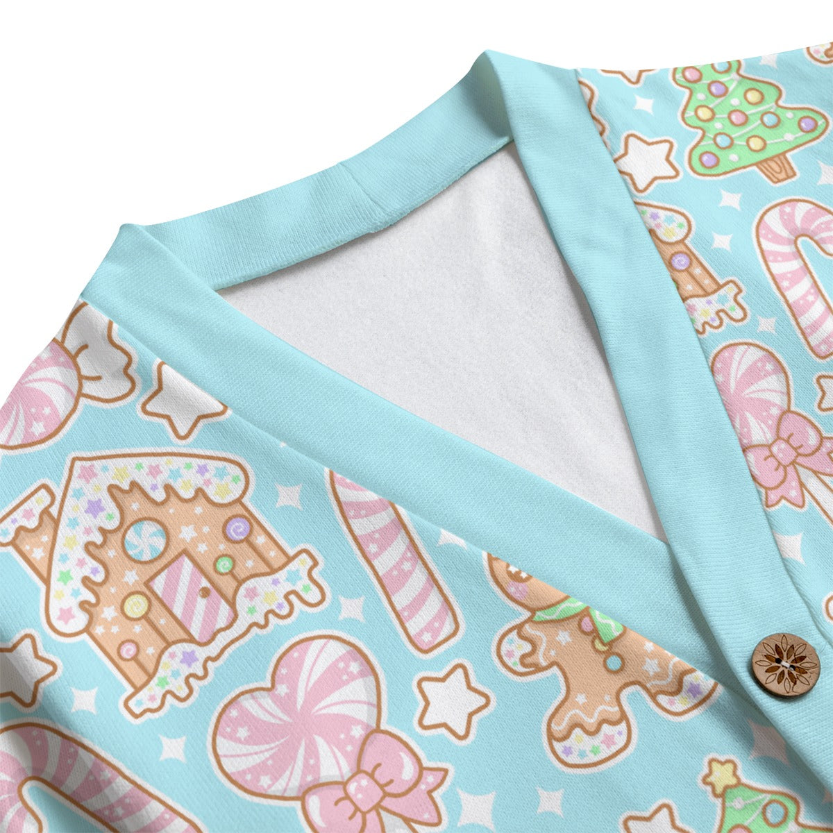 Kawaii Christmas Unisex V-Neck Knitted Fleece Button Up Cardigan With Pockets (Blue Cotton Candy)