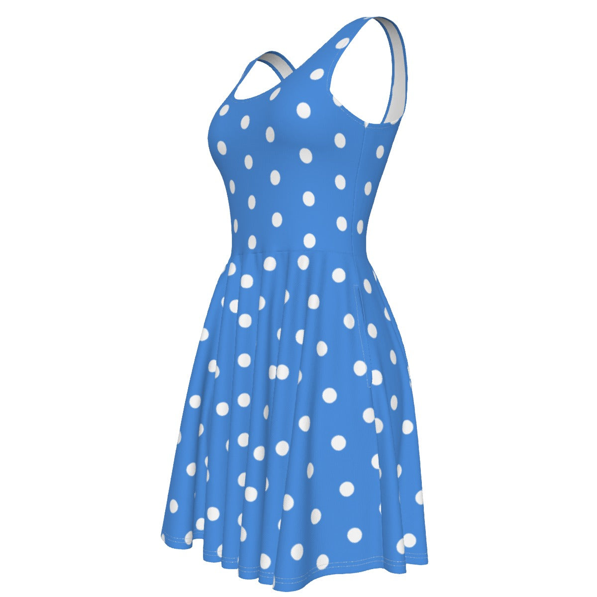 Cute Polka Dots Skater Dress With Pockets (Cobalt Blue)