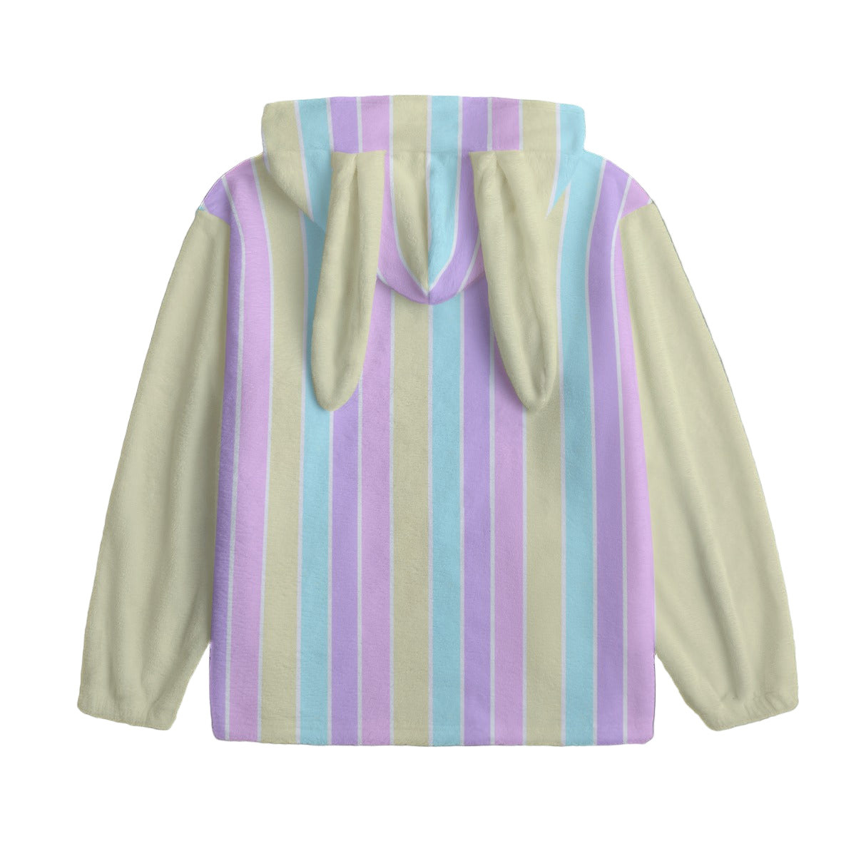 Pastel Stripes Yellow Soft Plush Fleece Bunny Ear Zip Up Hoodie With Pockets