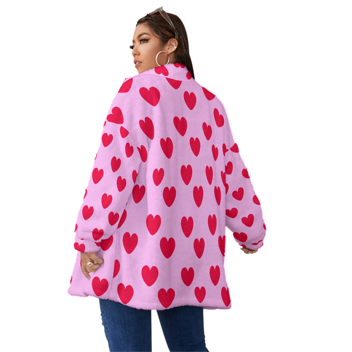 Sweet Love Hearts Oversized Fuzzy Fleece Coat With Zipper (Red x Pink)