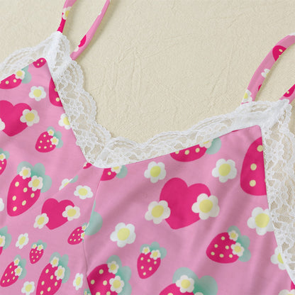 Strawberry Cutie Women's Cami & Shorts Lounge Wear Pajama Set With Lace Trim (Soda Pop Fruity Berry Pink)