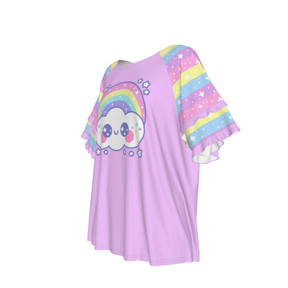 Happy Rainbow Cloud Purple Round Neck Raglan Sleeve Ruffle Frill T-Shirt