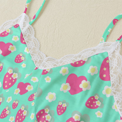 Strawberry Cutie Women's Cami & Shorts Lounge Wear Pajama Set With Lace Trim (Fruity Berry Mint)