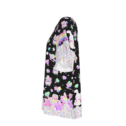 Rainbow Sweets Round Neck Raglan Sleeve Ruffle Frill T-Shirt (Black)