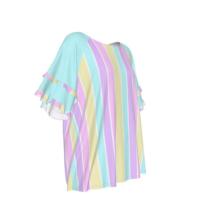 Pastel Stripes Blue Round Neck Raglan Sleeve Ruffle Frill T-Shirt