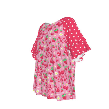 Strawberry Ribbon Round Neck Raglan Sleeve Ruffle Frill T-Shirt