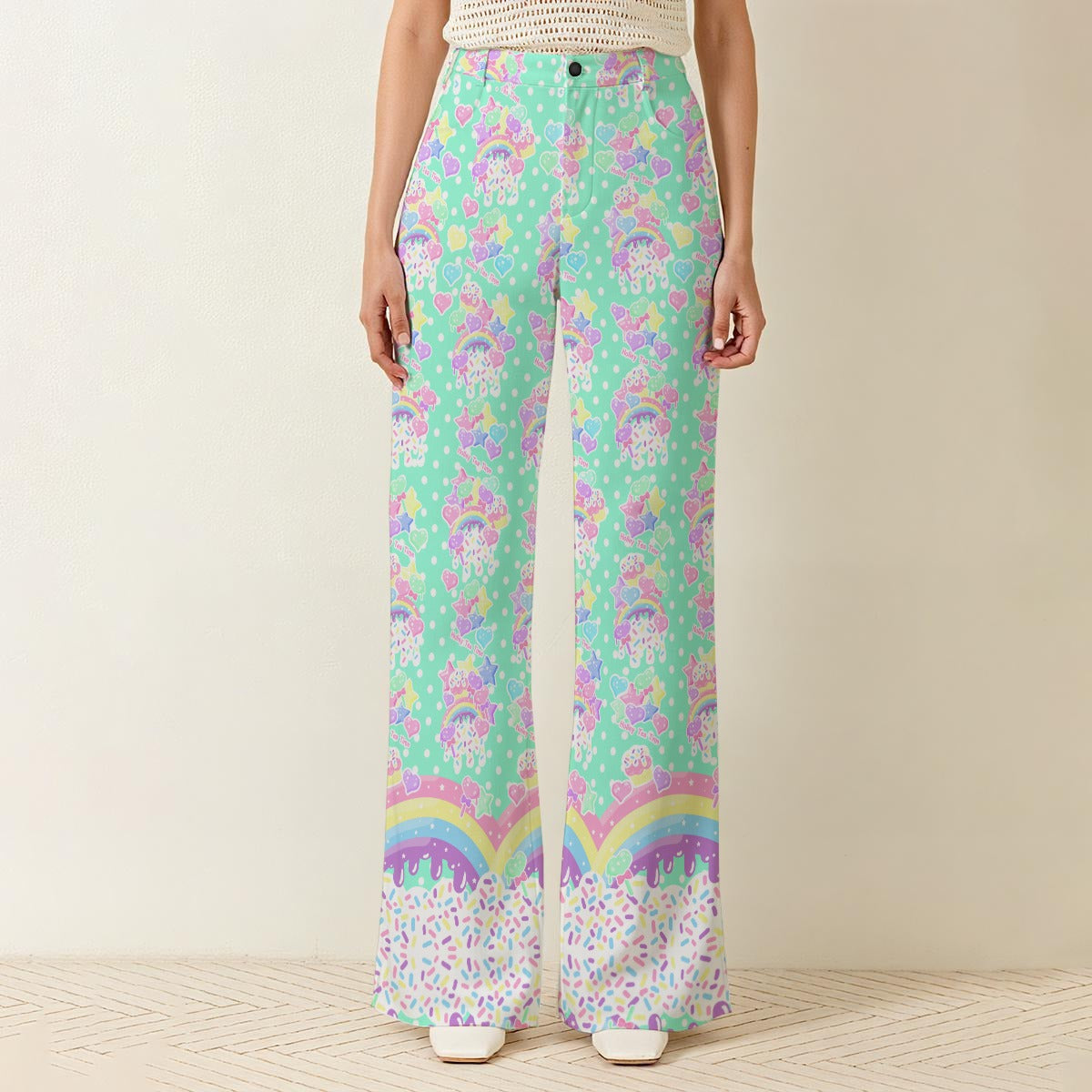 Rainbow Sweets Women's Wide Leg Denim Pants (Mint)