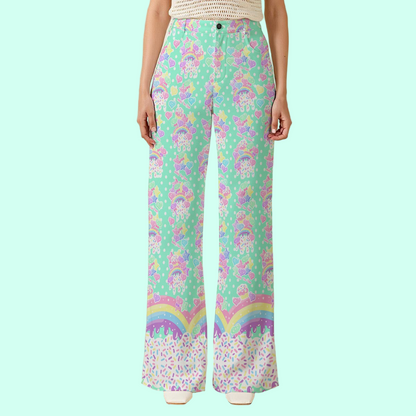 Rainbow Sweets Women's Wide Leg Denim Pants (Mint)