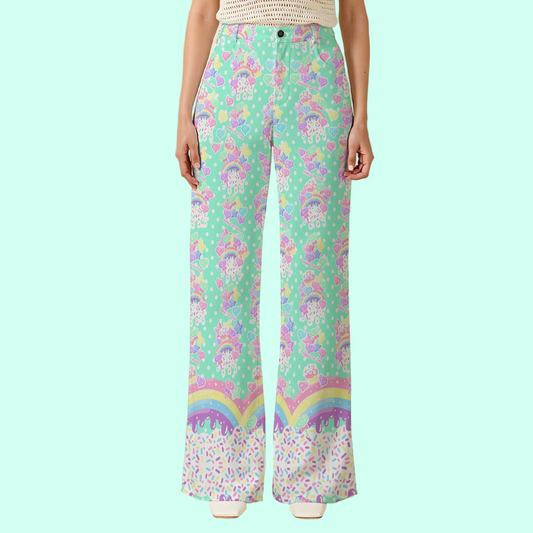Rainbow Sweets Women's Wide Leg Denim Pants (Mint)