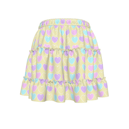 Sweet Love Hearts Yellow Waist Tie Tiered Ruffle Mini Skirt