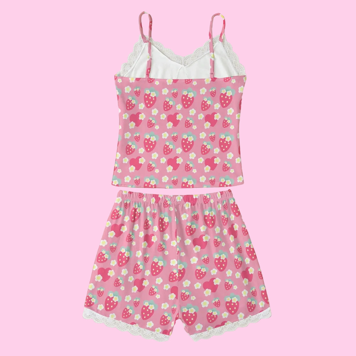 Strawberry Cutie Women's Cami & Shorts Lounge Wear Pajama Set With Lace Trim (Cottagecore Fruity Berry Pinky Red)