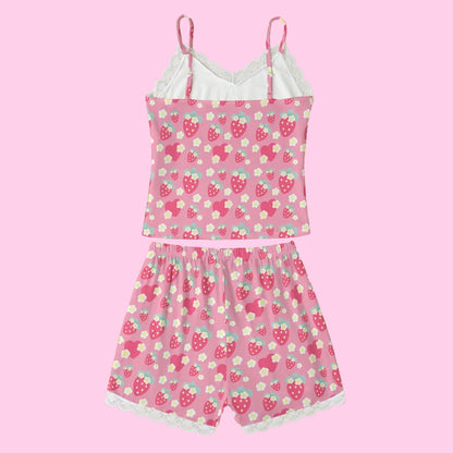 Strawberry Cutie Women's Cami & Shorts Lounge Wear Pajama Set With Lace Trim (Cottagecore Fruity Berry Pinky Red)