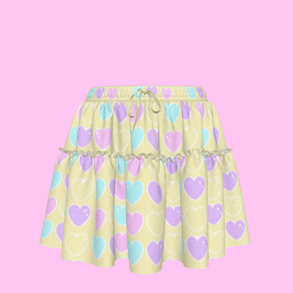Sweet Love Hearts Yellow Waist Tie Ruffle Mini Skirt