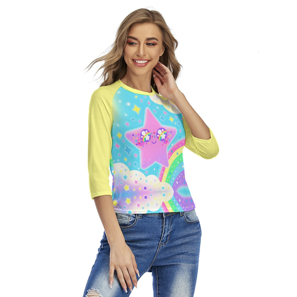 Rainbow Decora Star Women's Raglan 3/4 Sleeve T-shirt (Yellow)