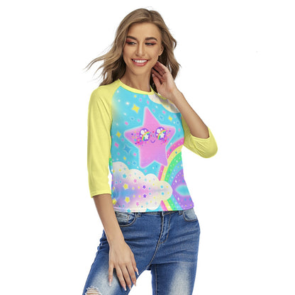 Rainbow Decora Star Women's Raglan 3/4 Sleeve T-shirt (Yellow)