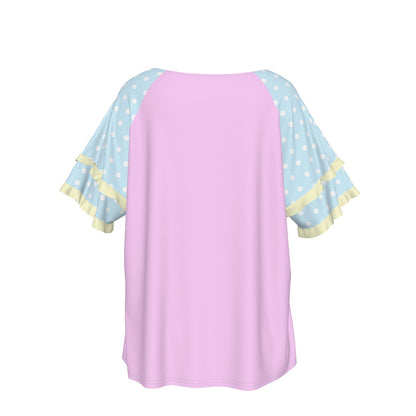 Wishing Bunny Pink Round Neck Raglan Sleeve Ruffle Frill T-Shirt