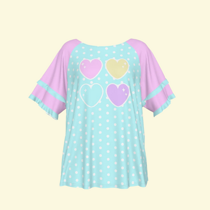 Sweet Love Hearts Blue Round Neck Raglan Sleeve Ruffle Frill T-Shirt (Polka Dots)