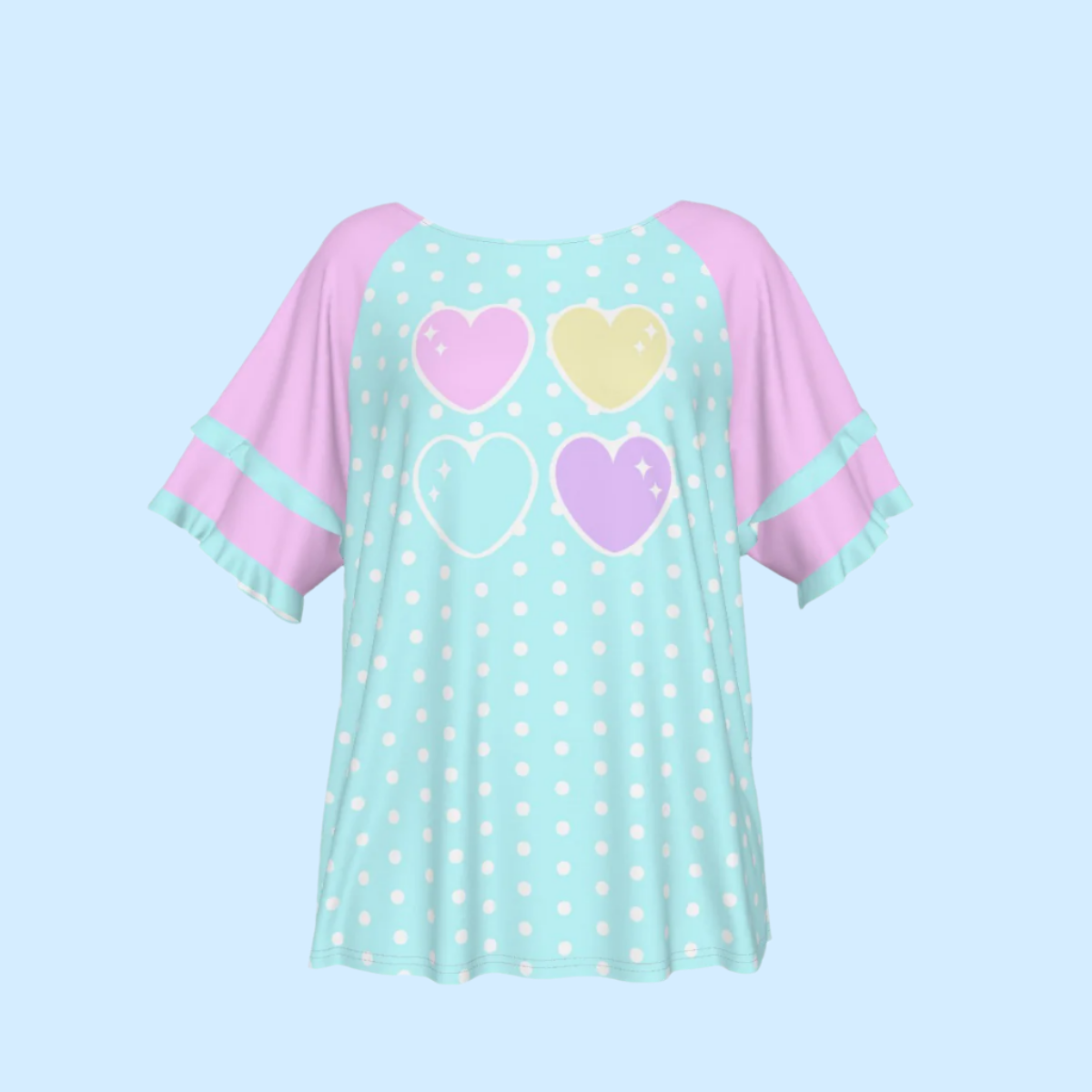 Sweet Love Hearts Blue Round Neck Raglan Sleeve Ruffle Frill T-Shirt (Polka Dots)