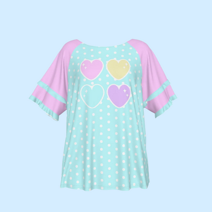 Sweet Love Hearts Blue Round Neck Raglan Sleeve Ruffle Frill T-Shirt (Polka Dots)