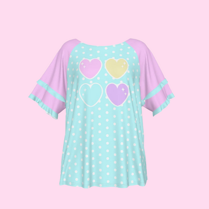 Sweet Love Hearts Blue Round Neck Raglan Sleeve Ruffle Frill T-Shirt (Polka Dots)