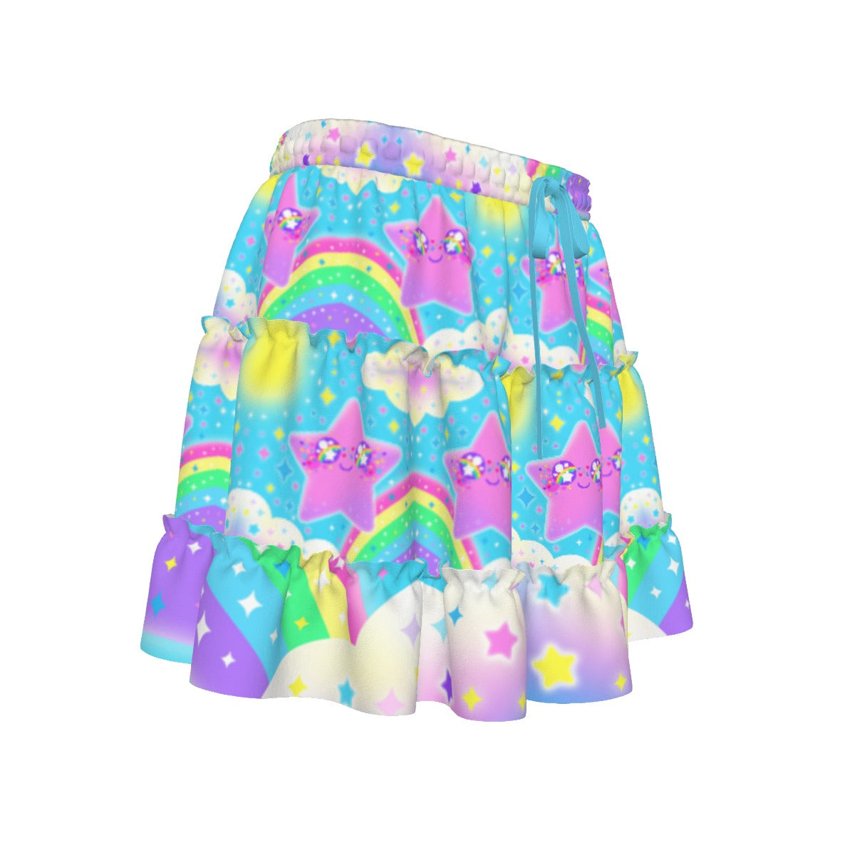 Rainbow Decora Star Waist Tie Tiered Ruffle Mini Skirt