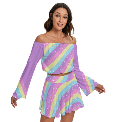 Starry Party Rainbow Women's Off The Shoulder Crop Top Blouse And Mini Skirt Set (Purple)