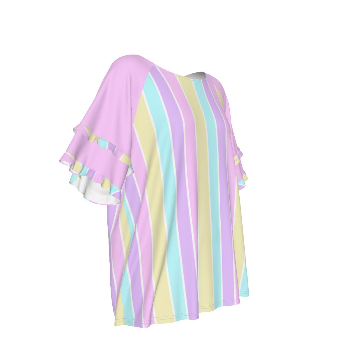 Pastel Stripes Pink Round Neck Raglan Sleeve Ruffle Frill T-Shirt