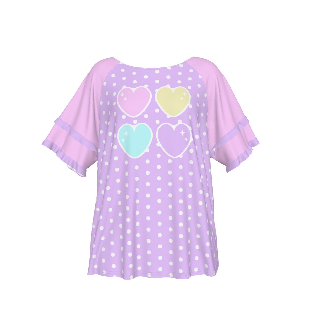 Sweet Love Hearts Purple Round Neck Raglan Sleeve Ruffle Frill T-Shirt (Polka Dots)