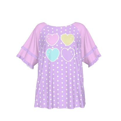 Sweet Love Hearts Purple Round Neck Raglan Sleeve Ruffle Frill T-Shirt (Polka Dots)