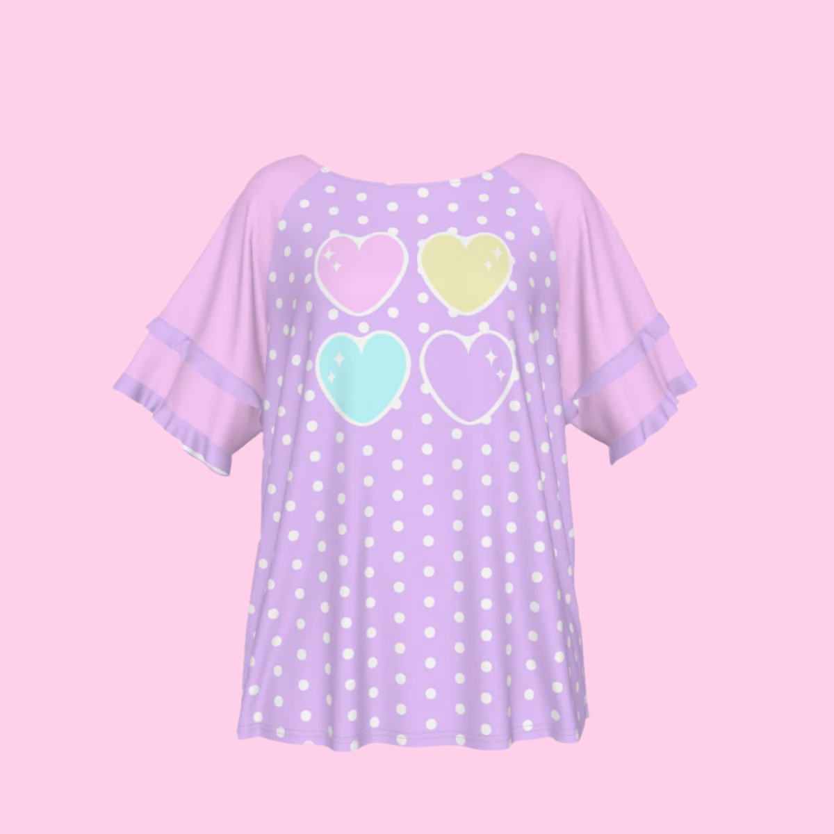 Sweet Love Hearts Purple Round Neck Raglan Sleeve Ruffle Frill T-Shirt (Polka Dots)