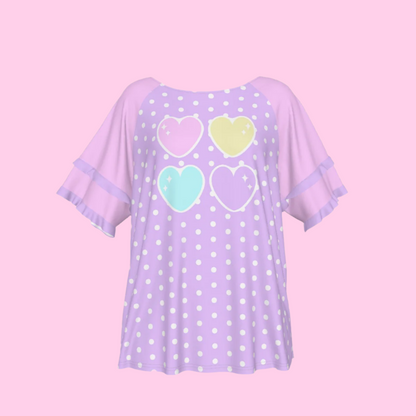 Sweet Love Hearts Purple Round Neck Raglan Sleeve Ruffle Frill T-Shirt (Polka Dots)