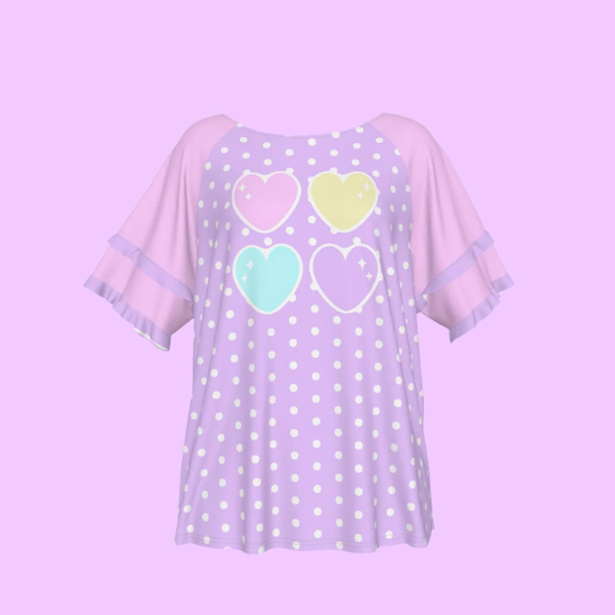 Sweet Love Hearts Purple Round Neck Raglan Sleeve Ruffle Frill T-Shirt (Polka Dots)
