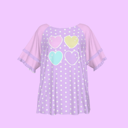 Sweet Love Hearts Purple Round Neck Raglan Sleeve Ruffle Frill T-Shirt (Polka Dots)