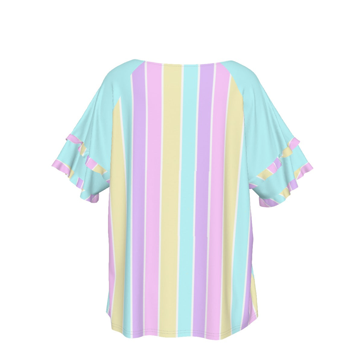 Pastel Stripes Blue Round Neck Raglan Sleeve Ruffle Frill T-Shirt