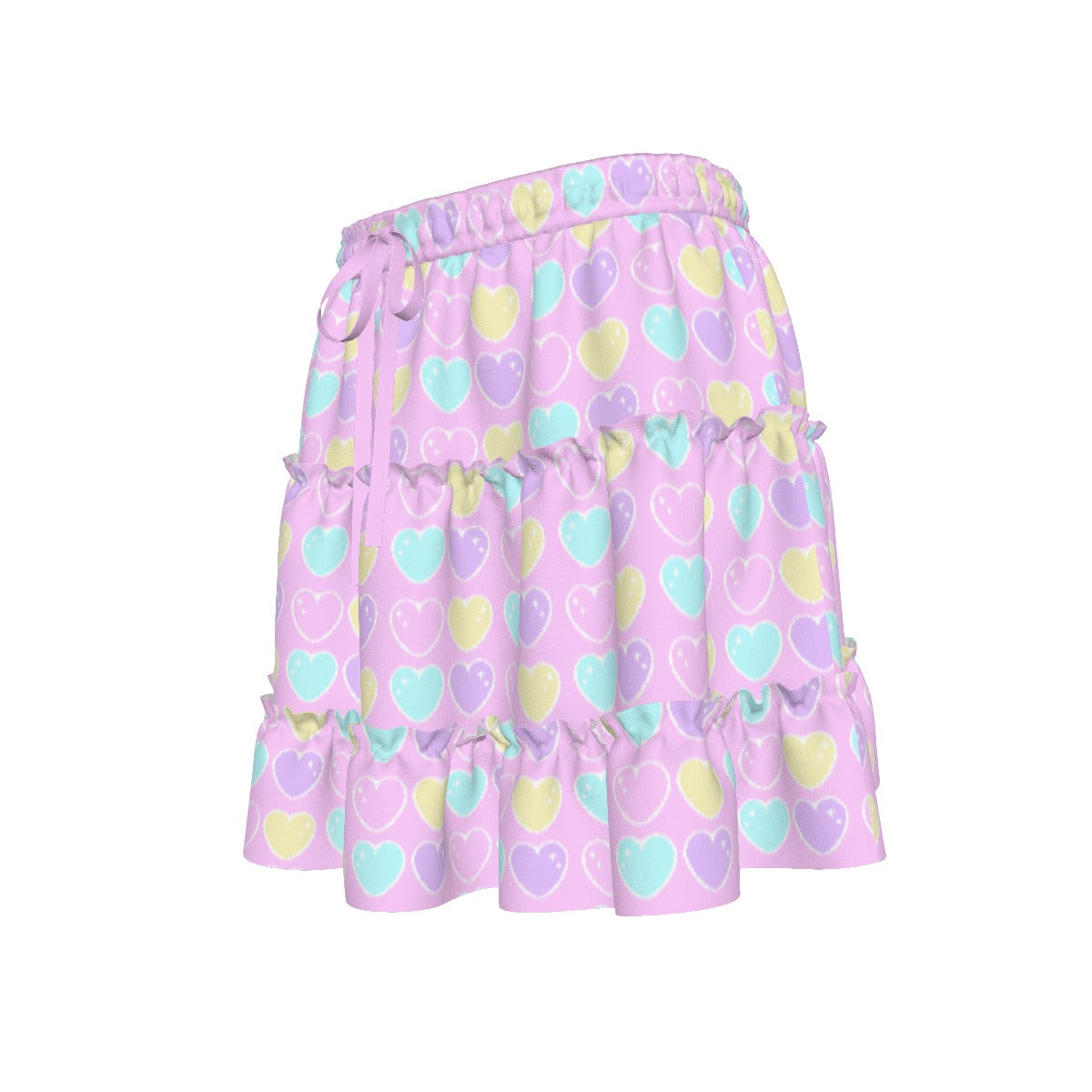 Sweet Love Hearts Pink Waist Tie Tiered Ruffle Mini Skirt