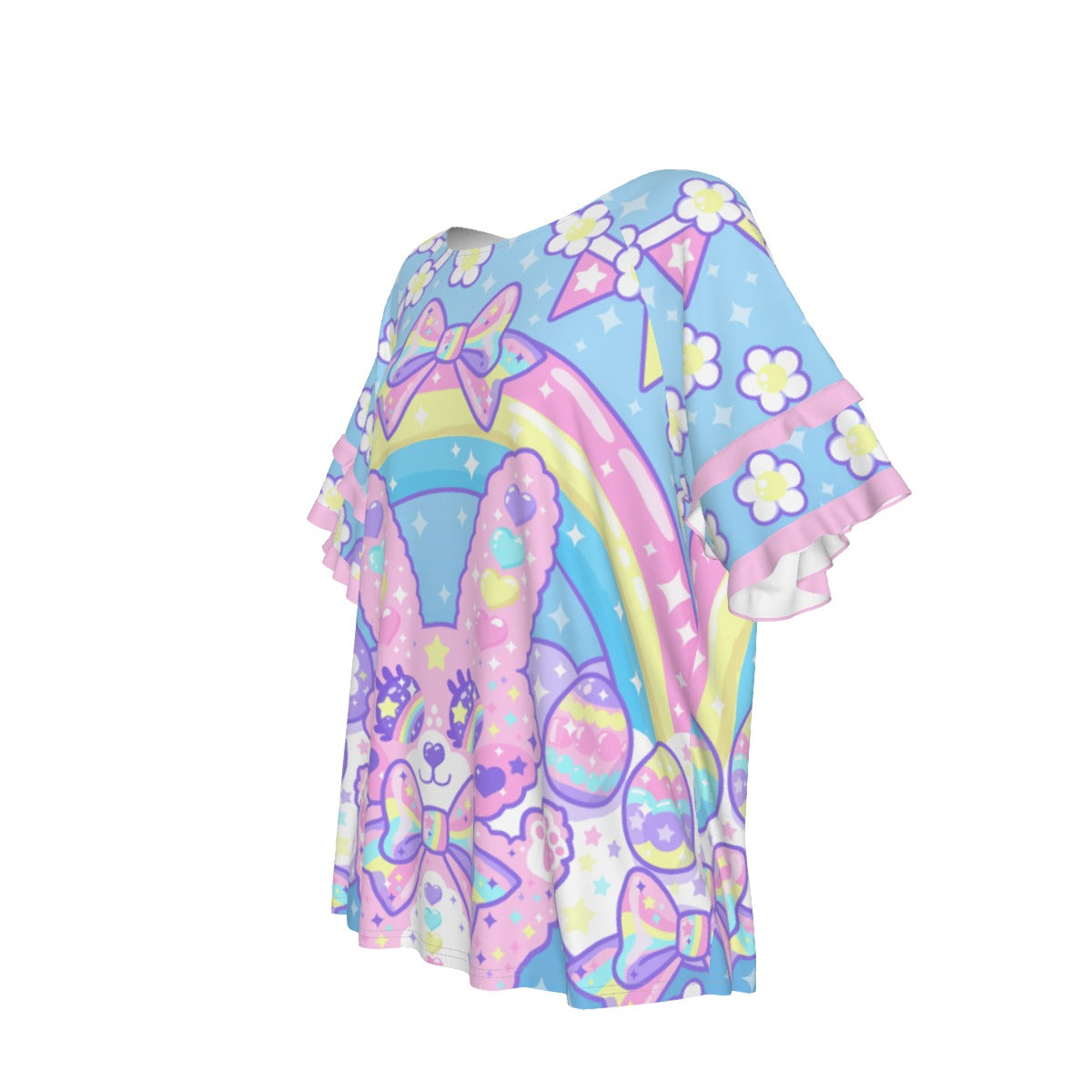 Magical Rainbow Easter Bunny Round Neck Raglan Sleeve Ruffle Frill T-Shirt